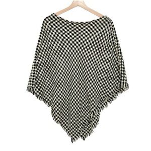 Black and off-white white houndstooth fringed poncho shrug one size